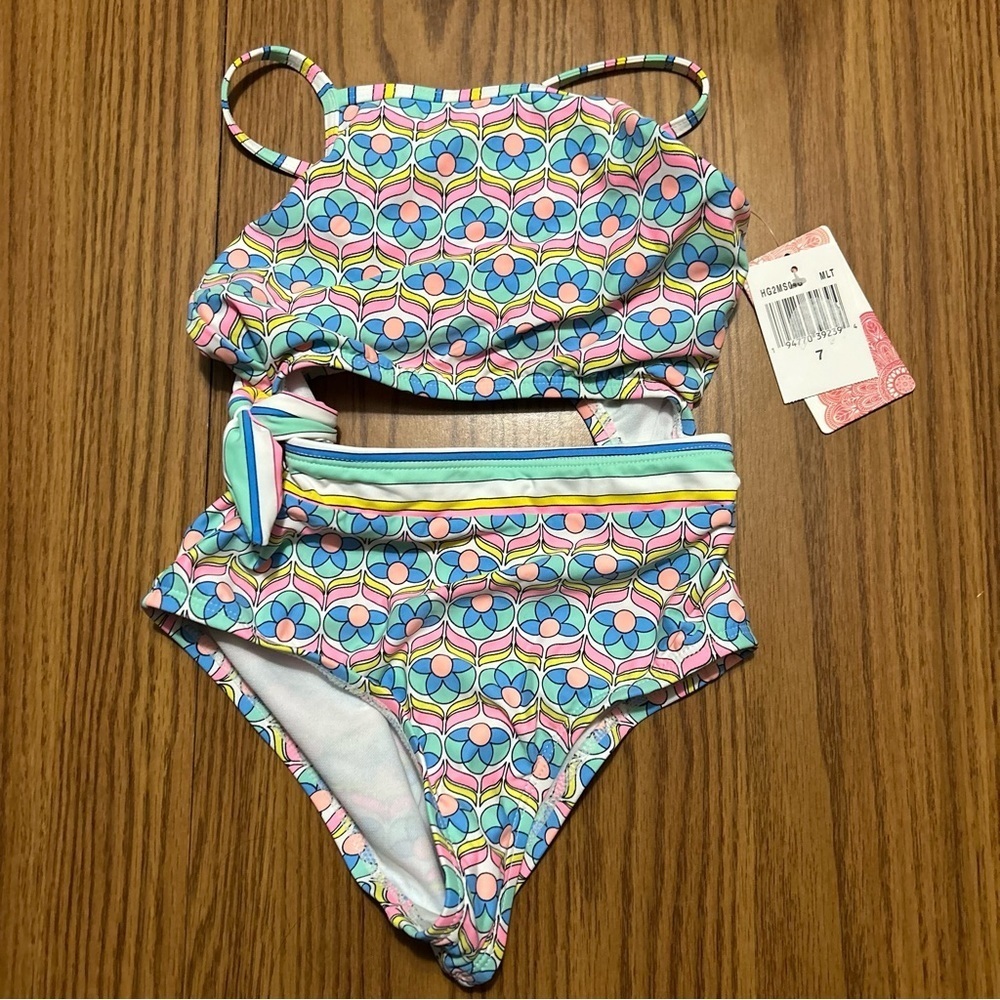NWT HOBIE Girl's Cutout Side Tie One-Piece Swimsuit Floral Print Size 7
